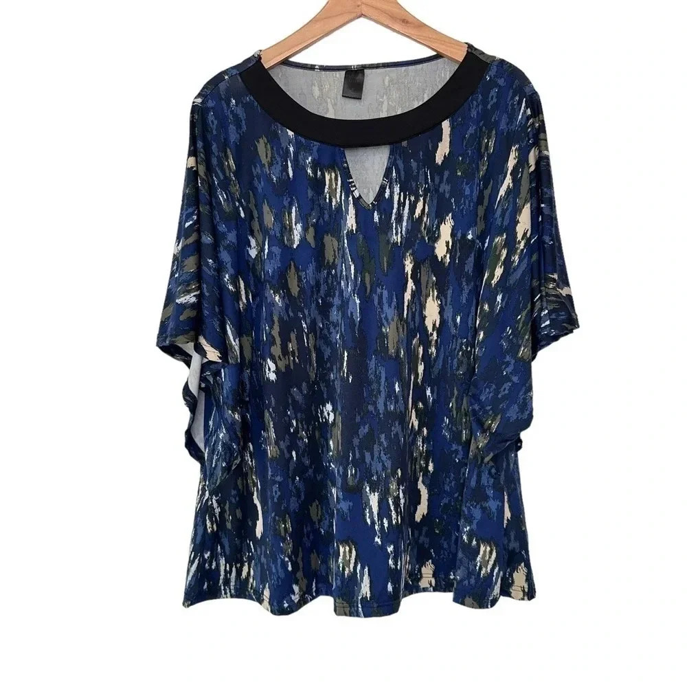 Madison Lilly 2X blue black tan artsy print dolman sleeve jersey knit top‎